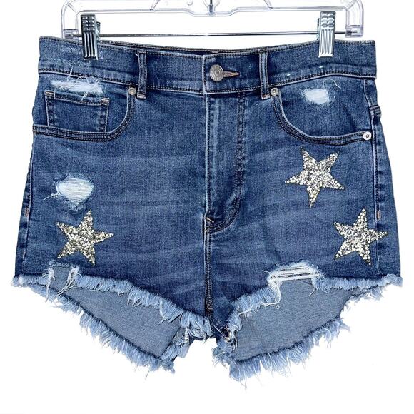 Express Shortie Extreme High Rise Embellished Star Denim Cutoff Shorts Size 8 - Picture 2 of 12